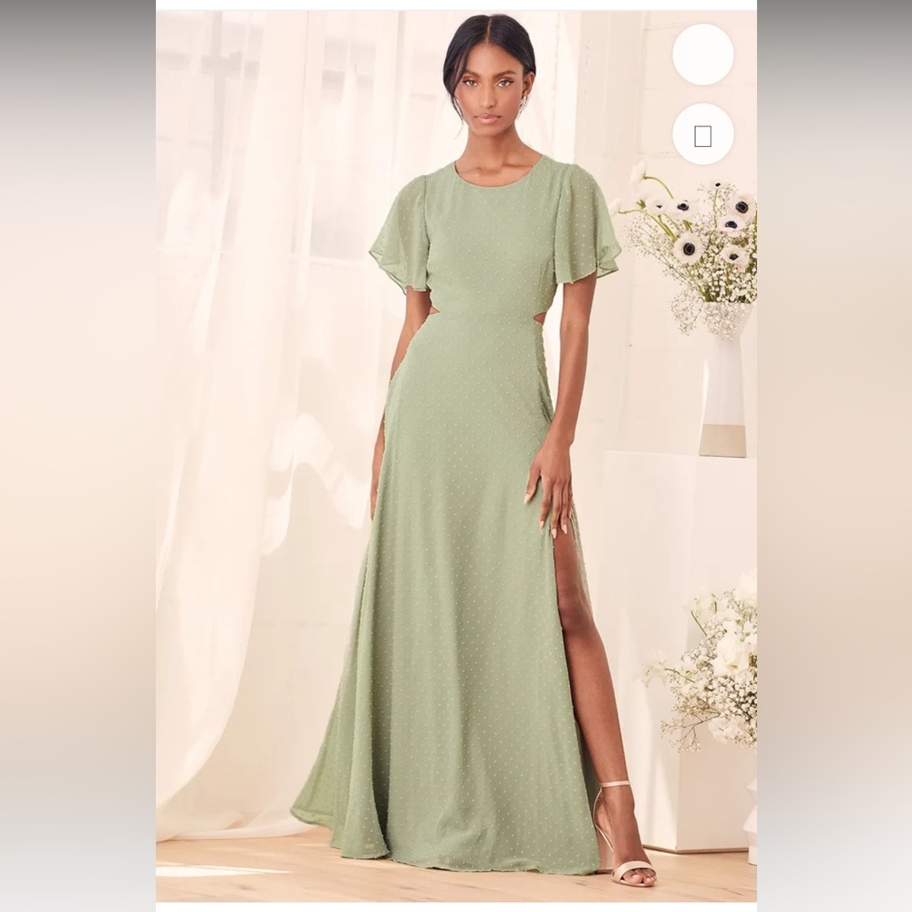 Lulus Size S Deep in My Heart Sage Brush Swiss Dot Cutout Maxi Dress